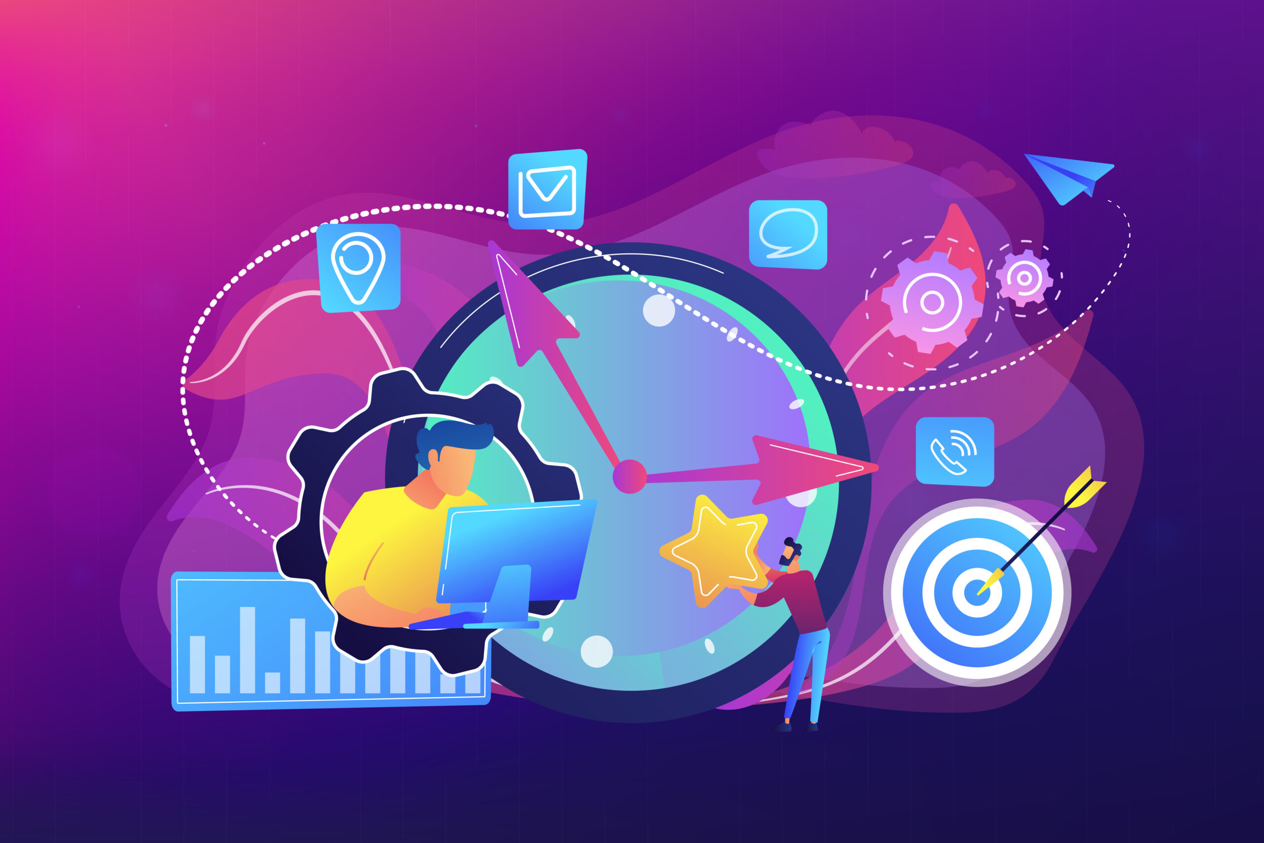 Time management concept vector illustration. Facebook and Google ad services by Zealous Social
